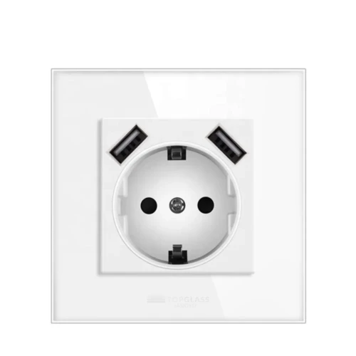 Białe Gniazdko Szklane z Podwójnym Portem USB - White - Detail 2
