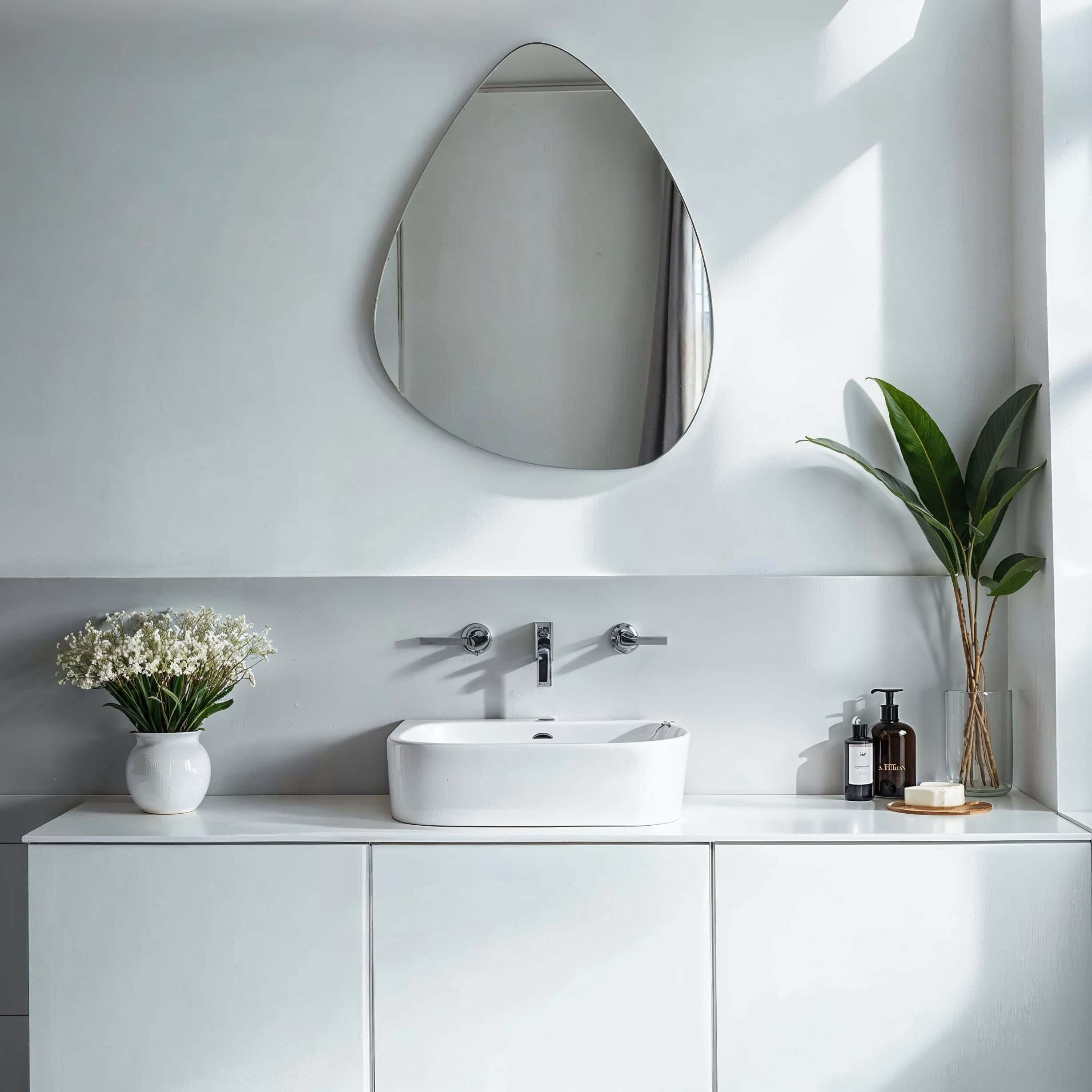 Spojrzenie Harmonii – Lustro o Asymetrycznym Kształcie 6 lustro łazienkowe,lustro do przedpokoju,lustra stojace,lustro led,lustro boho, lustro niereguralne,półokrągłe lustro Nowoczesna łazienka z białą umywalką, kranem naściennym, lustrem o nieregularnym kształcie, rośliną doniczkową oraz butelkami mydła i balsamu. Przestrzeń została elegancko zaakcentowana połyskiem złotej ramii i naturalnym oświetleniem. Kolejna mała roślina dodaje odrobinę zieleni do spokojnego otoczenia.