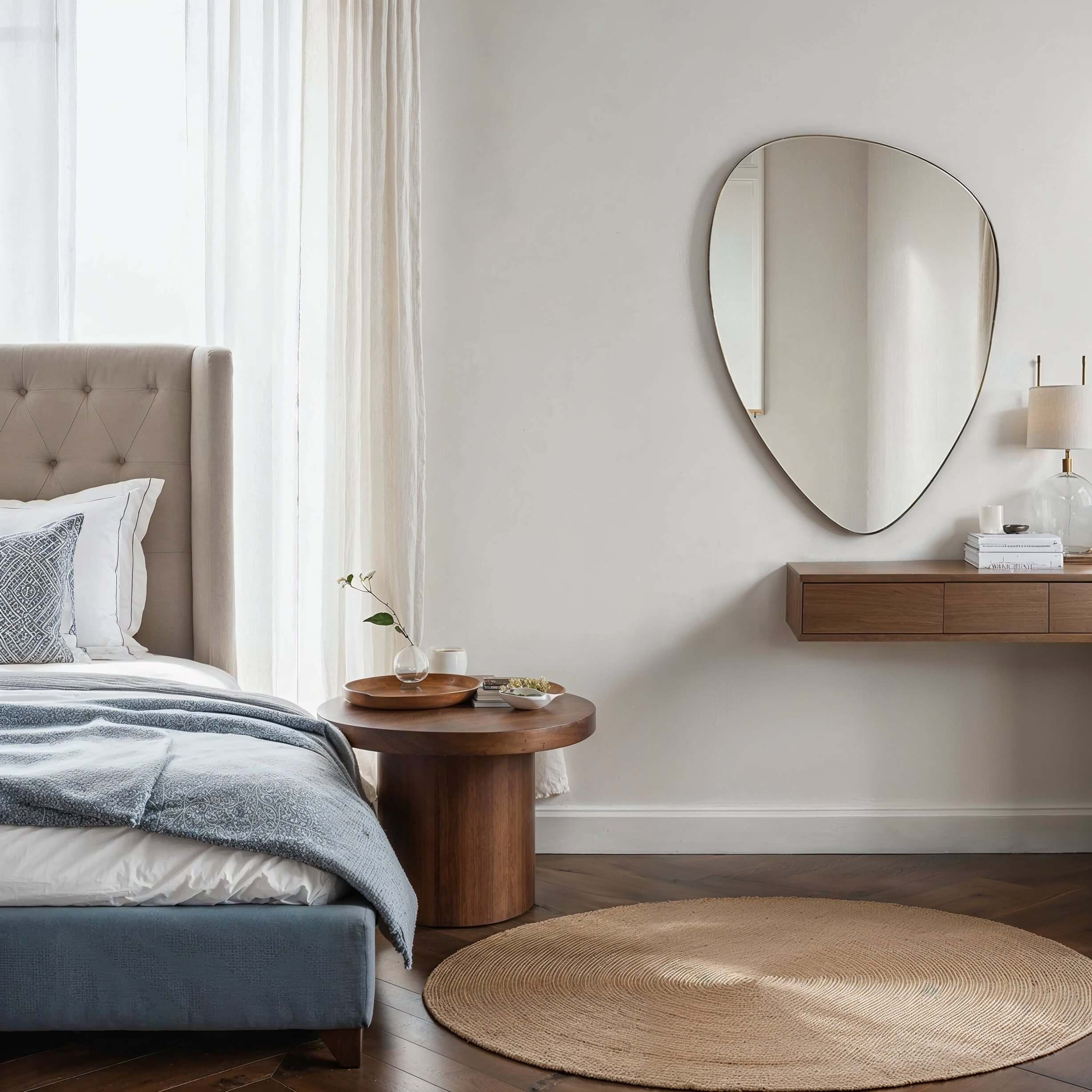 Spojrzenie Harmonii – Lustro o Asymetrycznym Kształcie 5 lustro łazienkowe,lustro do przedpokoju,lustra stojace,lustro led,lustro boho, lustro niereguralne,półokrągłe lustro W minimalistycznej sypialni znajduje się wyściełane łóżko, okrągła drewniana szafka nocna, błyszcząca złota ramia i drewniane pływające biurko. Na podłodze znajduje się okrągły tkany dywan, a przez przezroczyste zasłony wpada miękkie, naturalne światło.