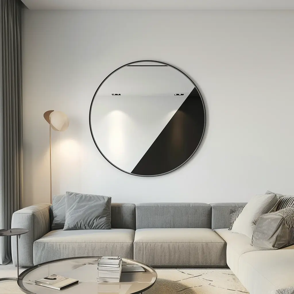 Okrągłe Lustro Geometryczne Moderno 5 lustro łazienkowe,lustro do przedpokoju,lustra stojace,lustro led,lustro boho, lustro niereguralne,półokrągłe lustro Minimalistyczny salon z szarą rozkładaną sofą, okrągłym szklanym stolikiem kawowym i dużym okrągłym lustrem w złotej ramie na ścianie.