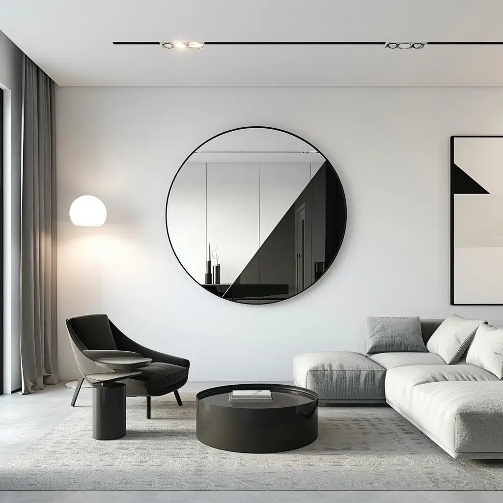 Okrągłe Lustro Geometryczne Moderno 6 lustro łazienkowe,lustro do przedpokoju,lustra stojace,lustro led,lustro boho, lustro niereguralne,półokrągłe lustro Nowoczesny salon o minimalistycznym wystroju, wyposażony w duże okrągłe lustro w złotej ramie, szarą sofę, fotel i okrągły stolik kawowy.