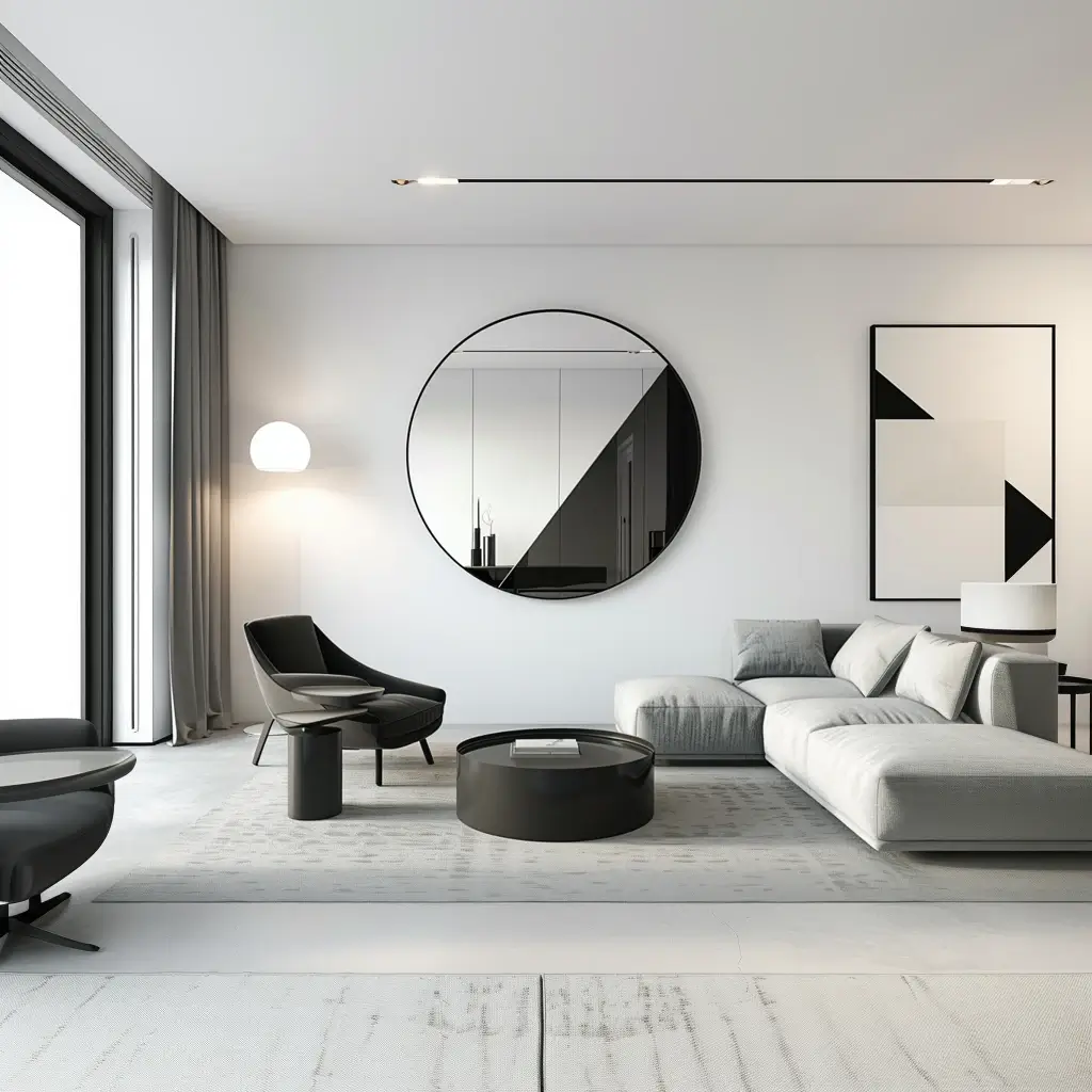 Okrągłe Lustro Geometryczne Moderno 7 lustro łazienkowe,lustro do przedpokoju,lustra stojace,lustro led,lustro boho, lustro niereguralne,półokrągłe lustro Nowoczesny, minimalistyczny salon z neutralną paletą kolorów, z dużym połyskiem w złotej ramii, eleganckimi meblami i geometryczną grafiką ścienną.