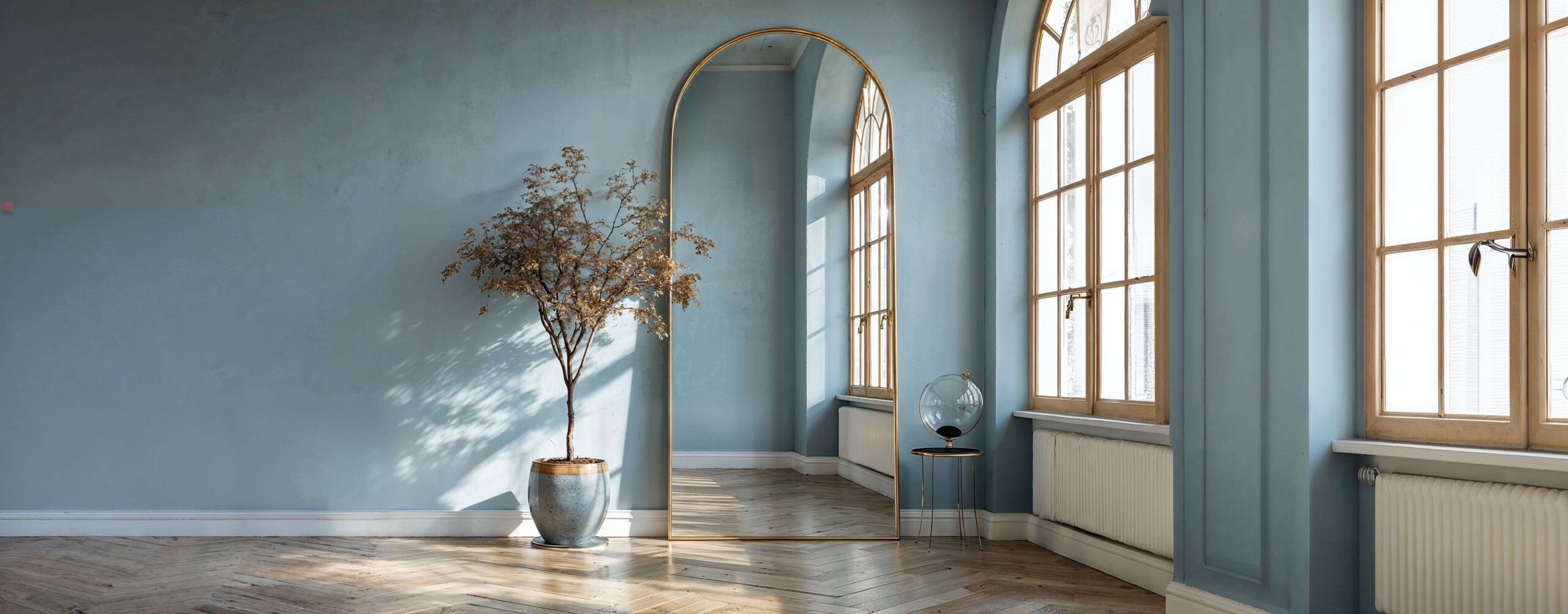 lustro łazienkowe,lustro do przedpokoju,lustra stojace,lustro led,lustro boho, lustro niereguralne,półokrągłe lustro Duże lustro w złotej ramie, roślina doniczkowa i kula ziemska na stojaku w pokoju o niebieskich ścianach, drewnianej podłodze i wysokich oknach.