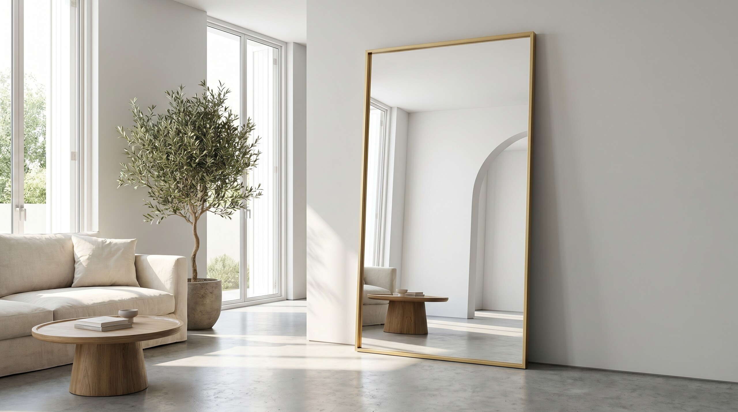 Duże lustro portalowe ze złotą aluminiową ramą w nowoczesnym jasnym salonie - premium wnętrze
