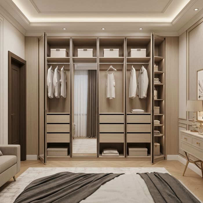 Full-length mirror on wardrobe doors bedroom interior